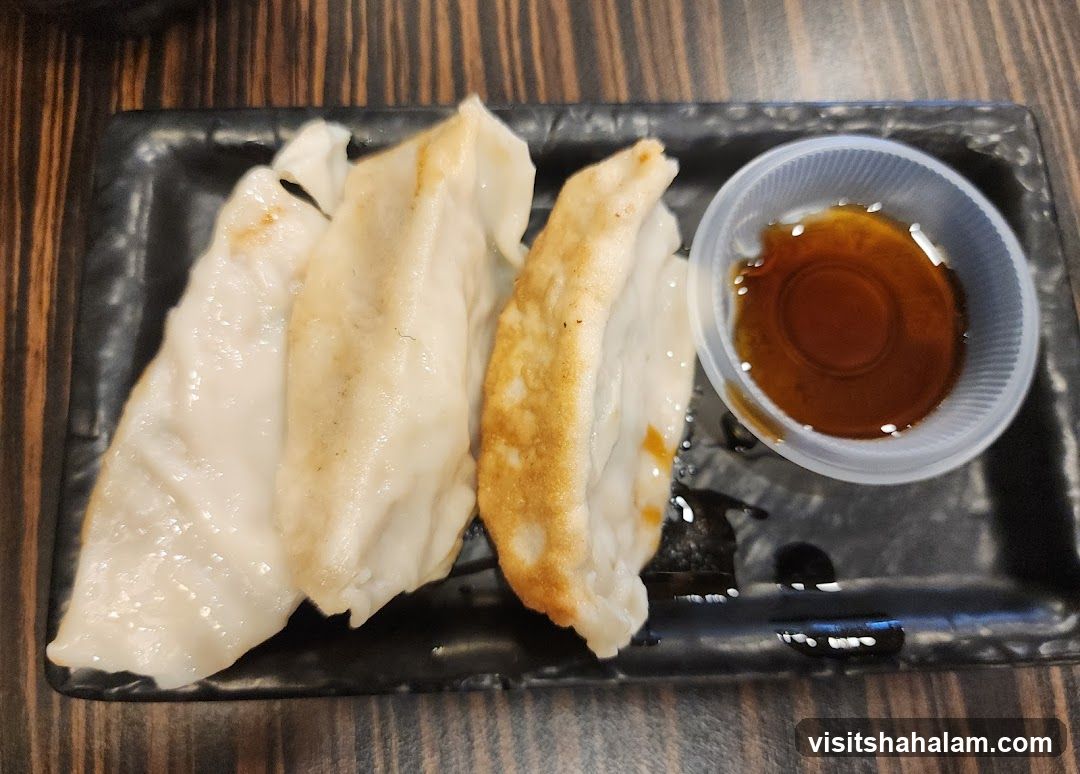 Pan-fried dumplings with dipping sauce