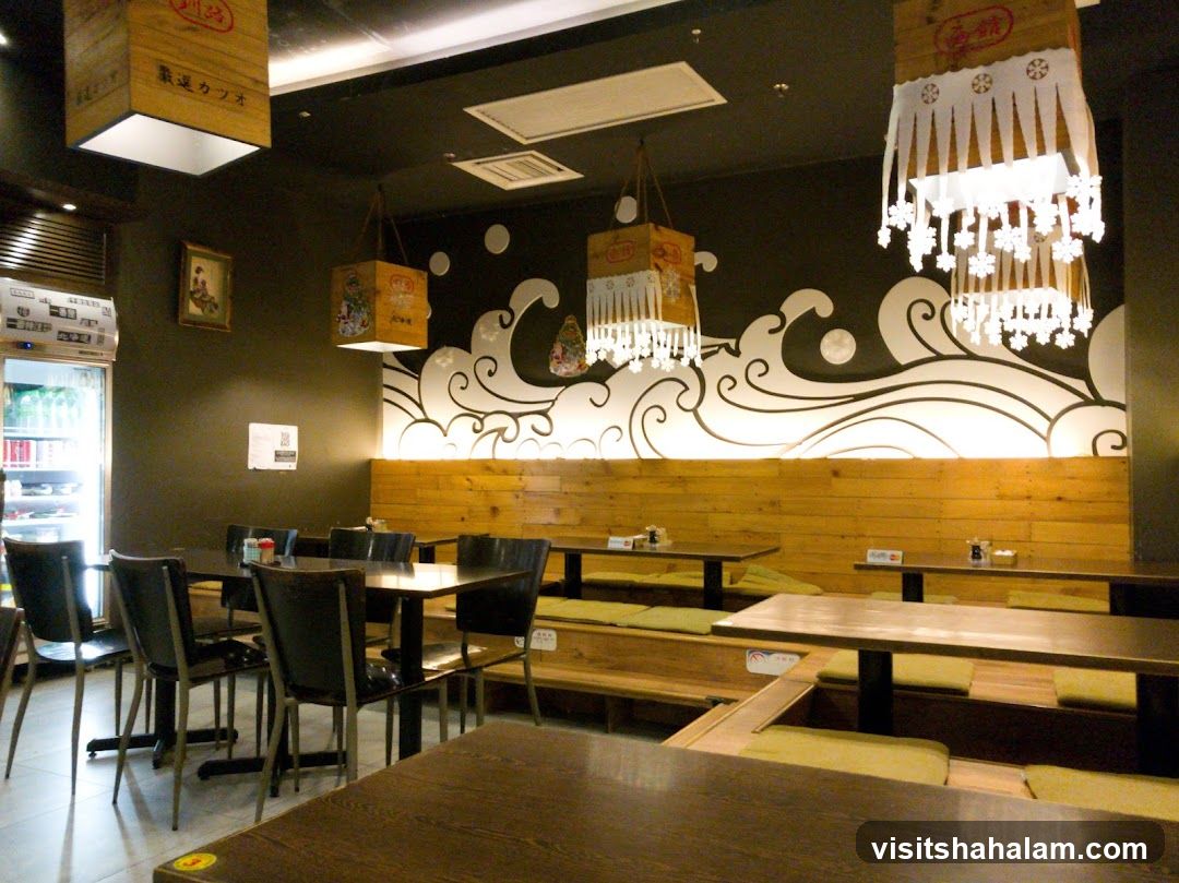 Restaurant Interior with Japanese Wave Mural