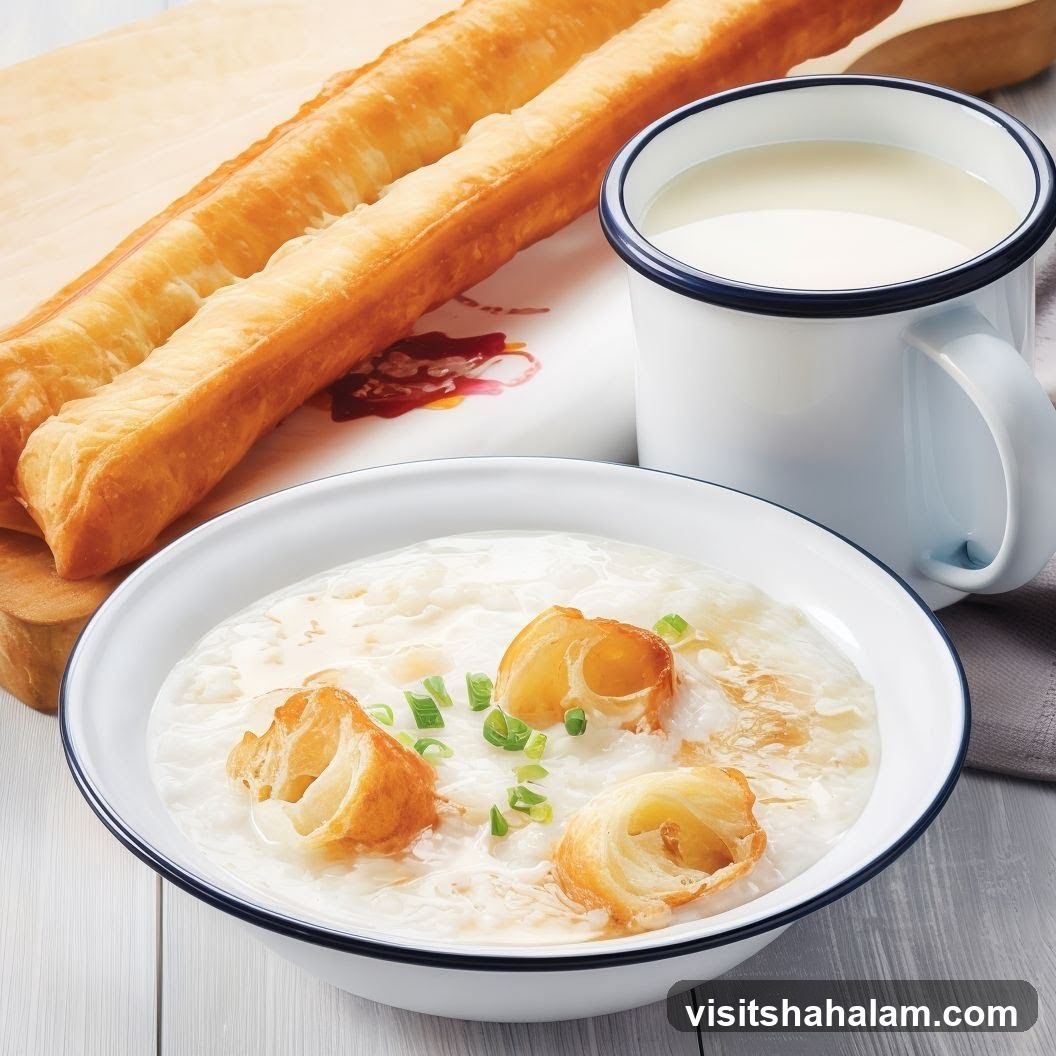 Congee with Fried Dough Sticks and Soy Milk