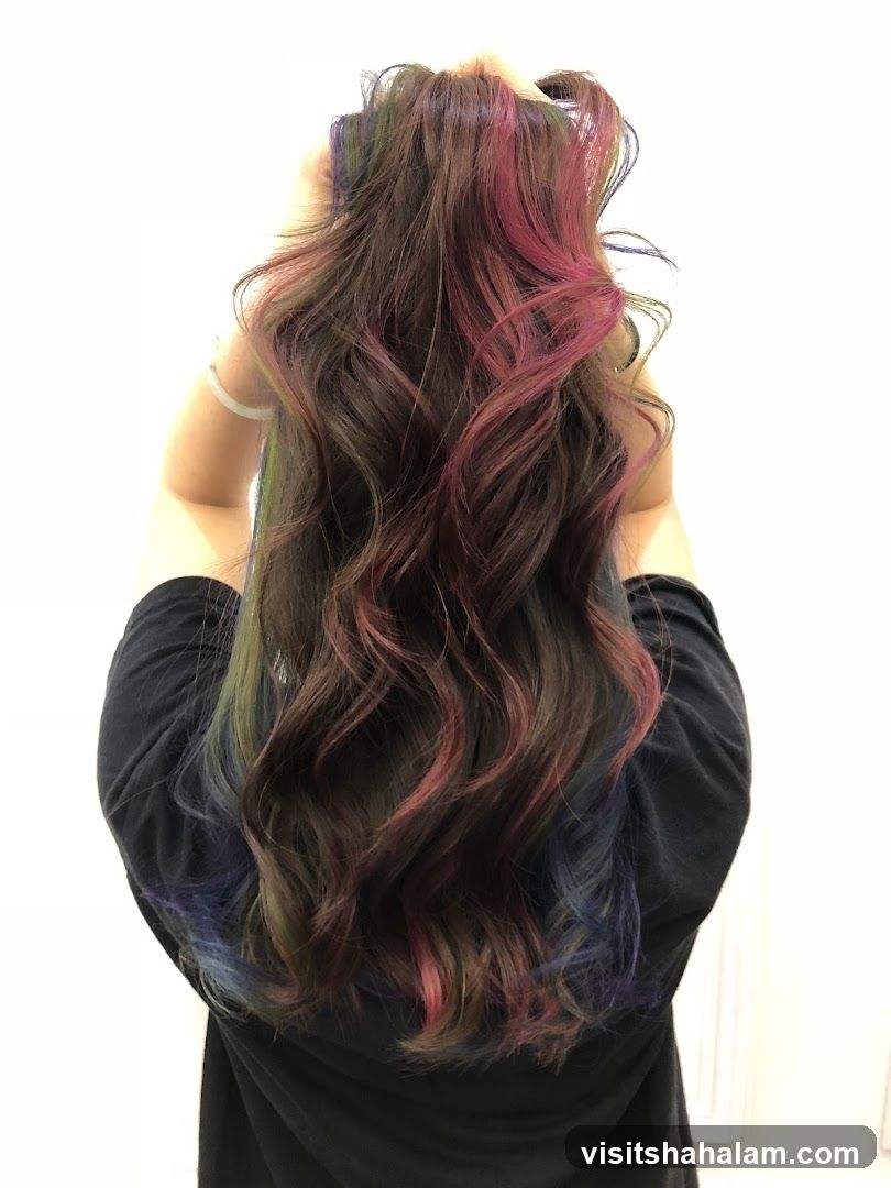 Woman with long, wavy, multi-colored hair