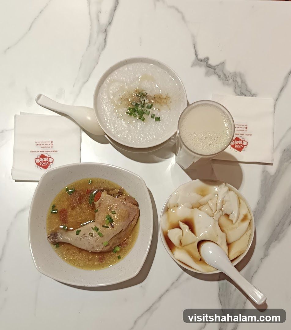 Meal with Chicken, Congee, and Tofu Pudding