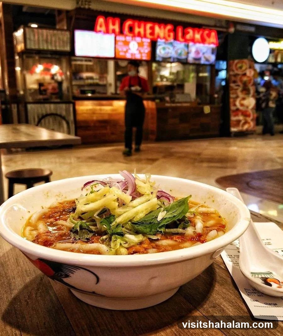 Bowl of Laksa with Restaurant in Background