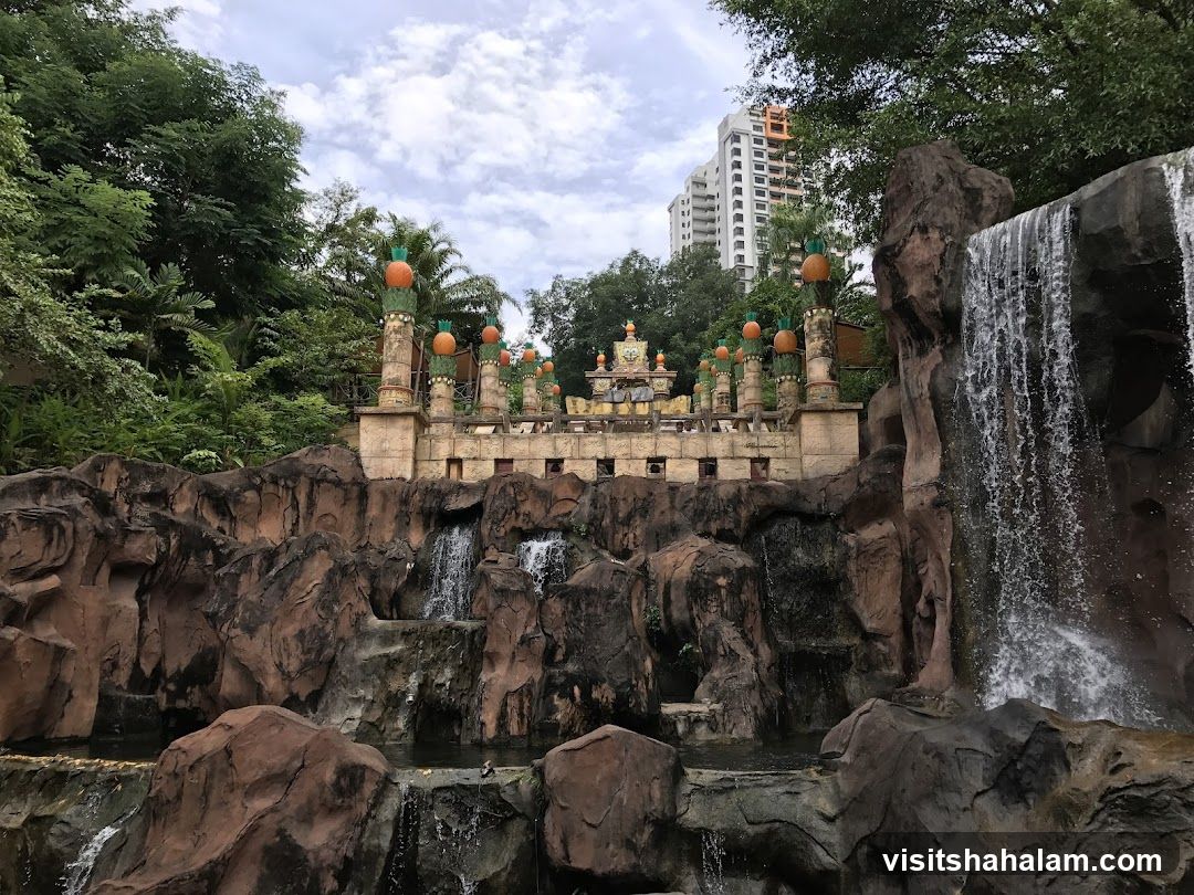 Tropical Waterfall and Temple Structure