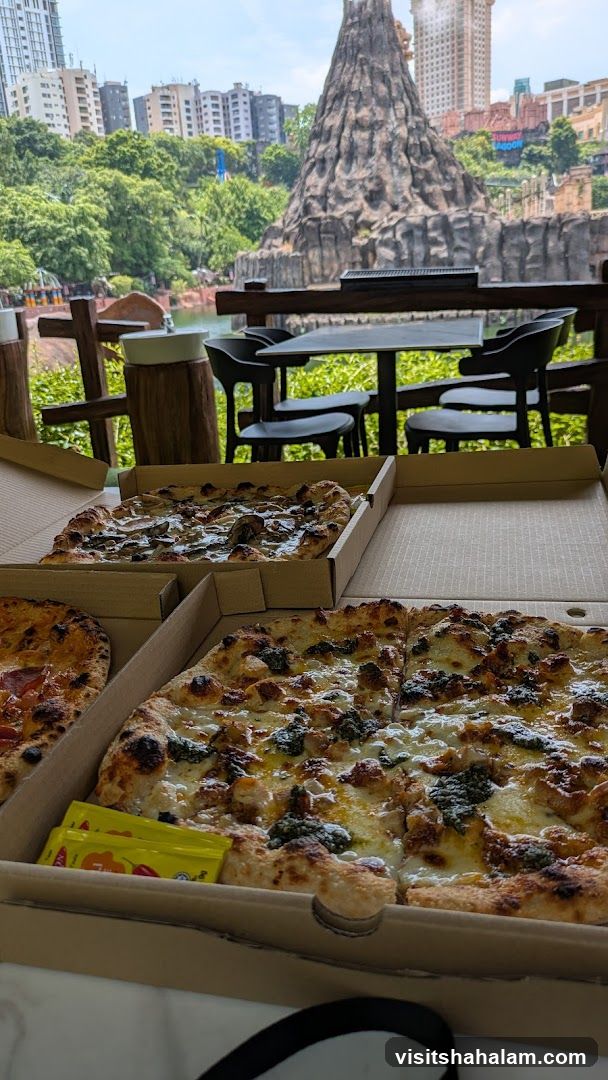 Pizzas on a table with a scenic background