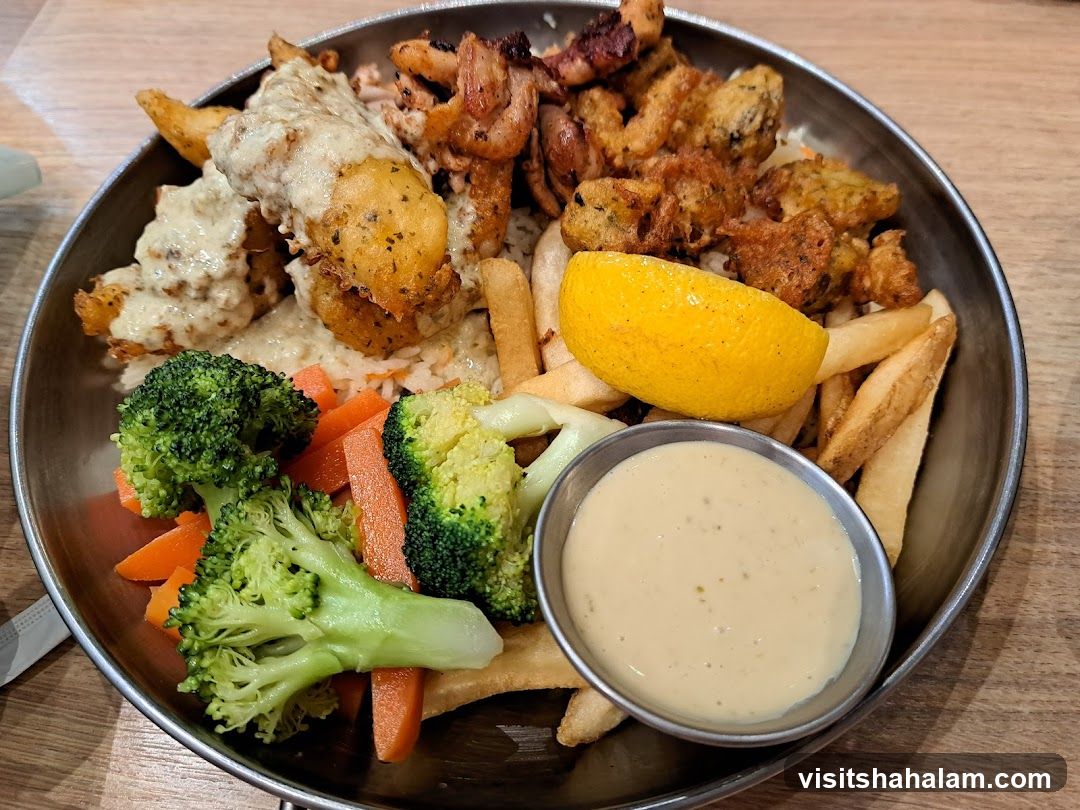 Seafood Platter with Fries and Vegetables