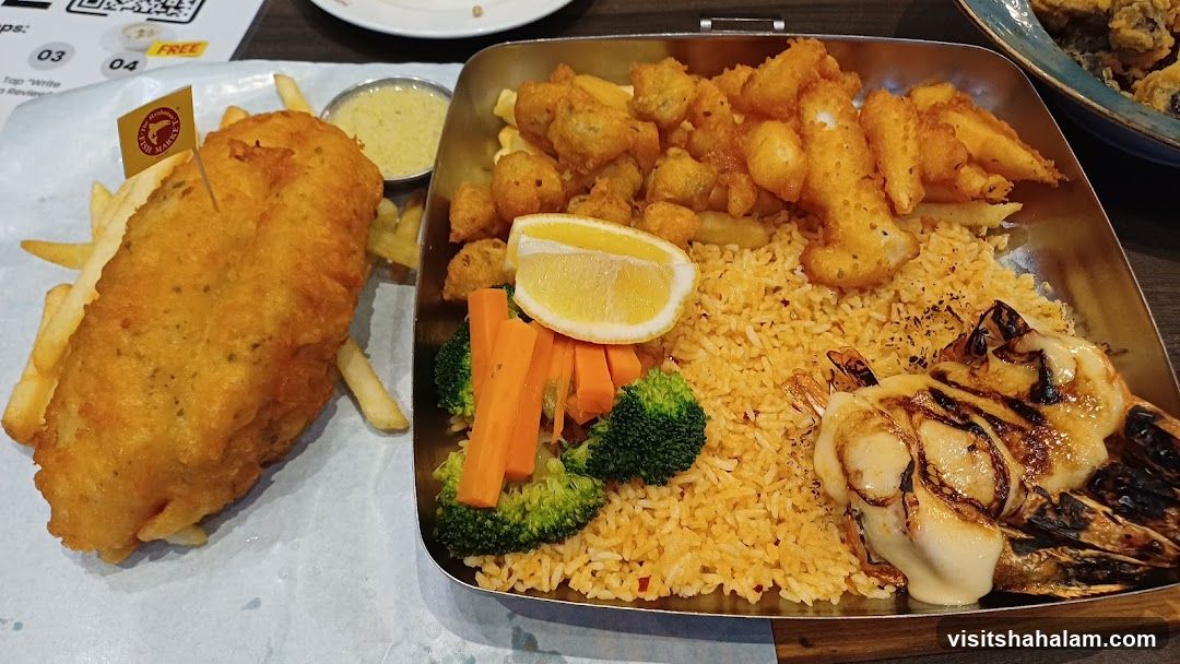 Fish and Chips with Rice and Prawns