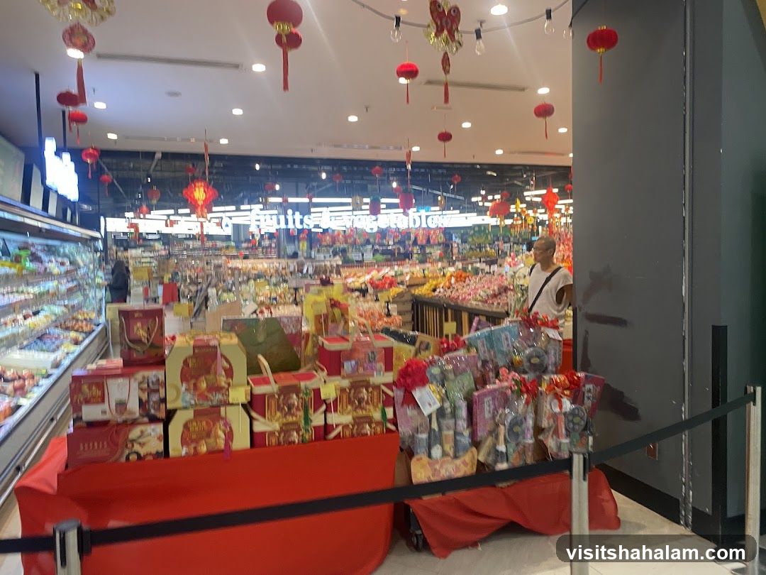 Supermarket aisle with festive decorations