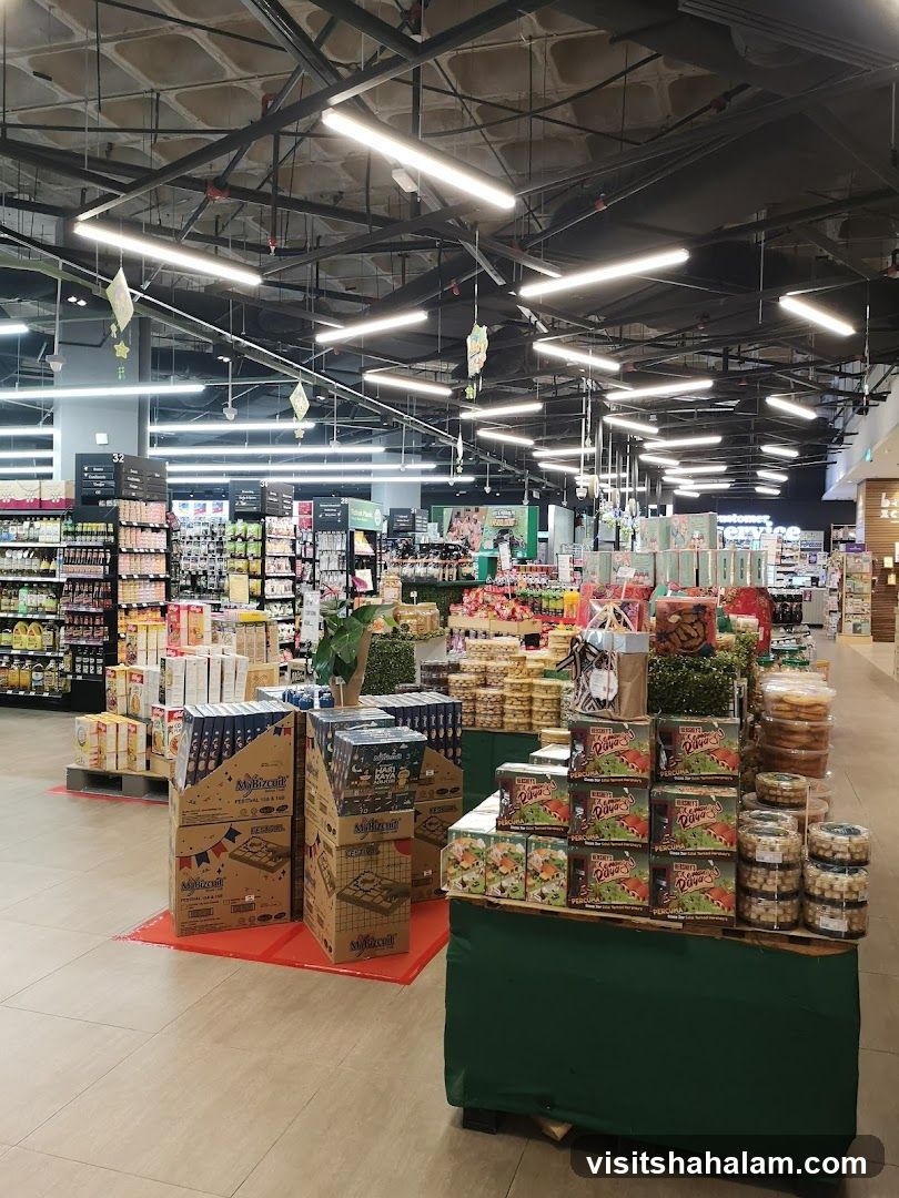 Supermarket aisle with festive displays