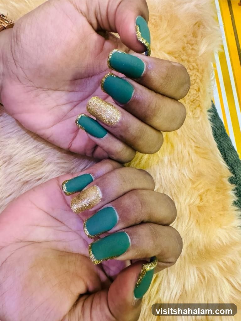 Matte Green and Gold Glitter Nails