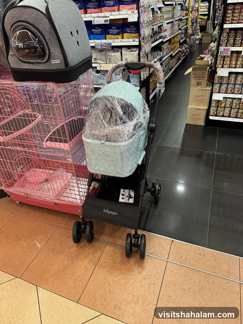 Pet stroller and carrier in a store aisle