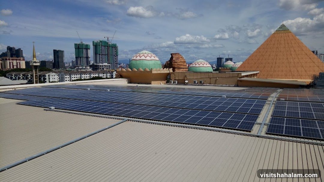 Rooftop Solar Panels with Cityscape and Themed Buildings