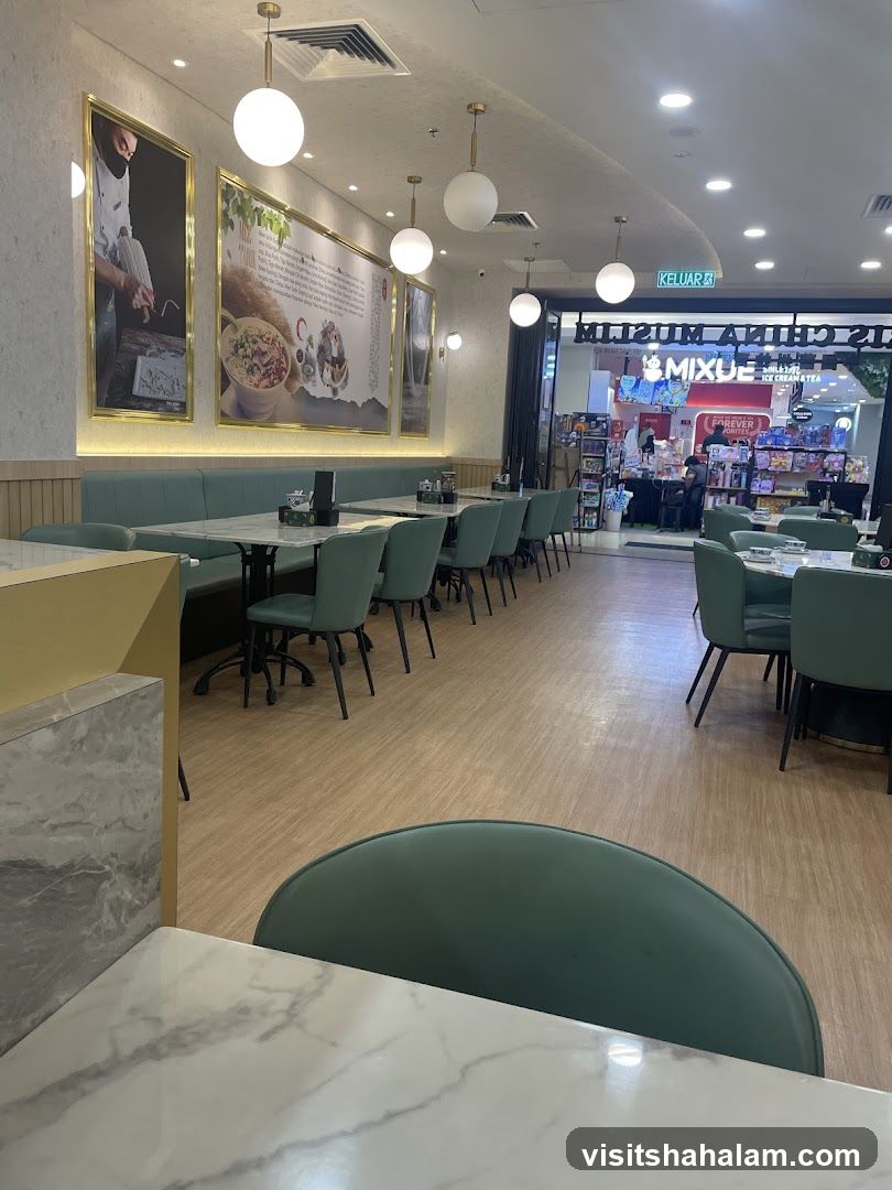 Restaurant Interior with Artwork and Adjacent Shop