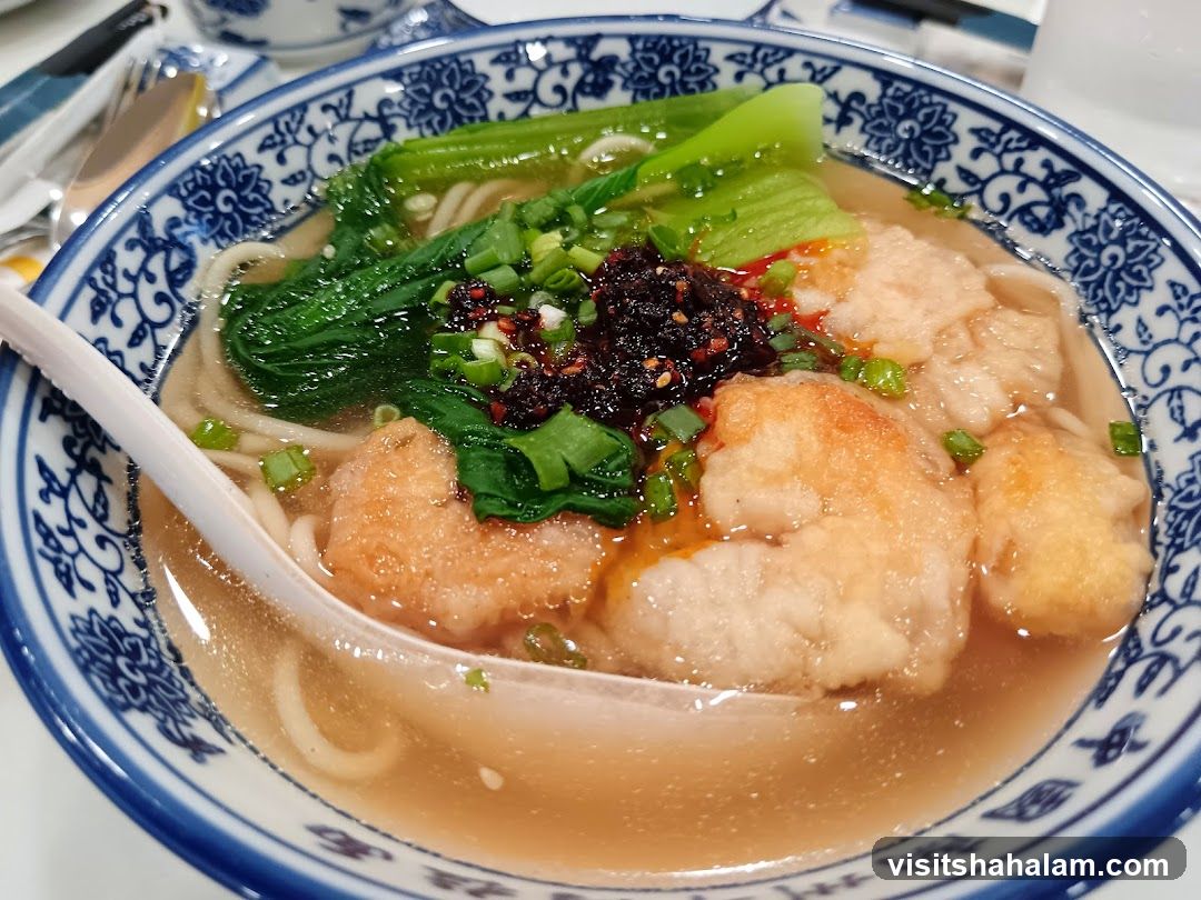 Noodle Soup with Fried Fish and Greens