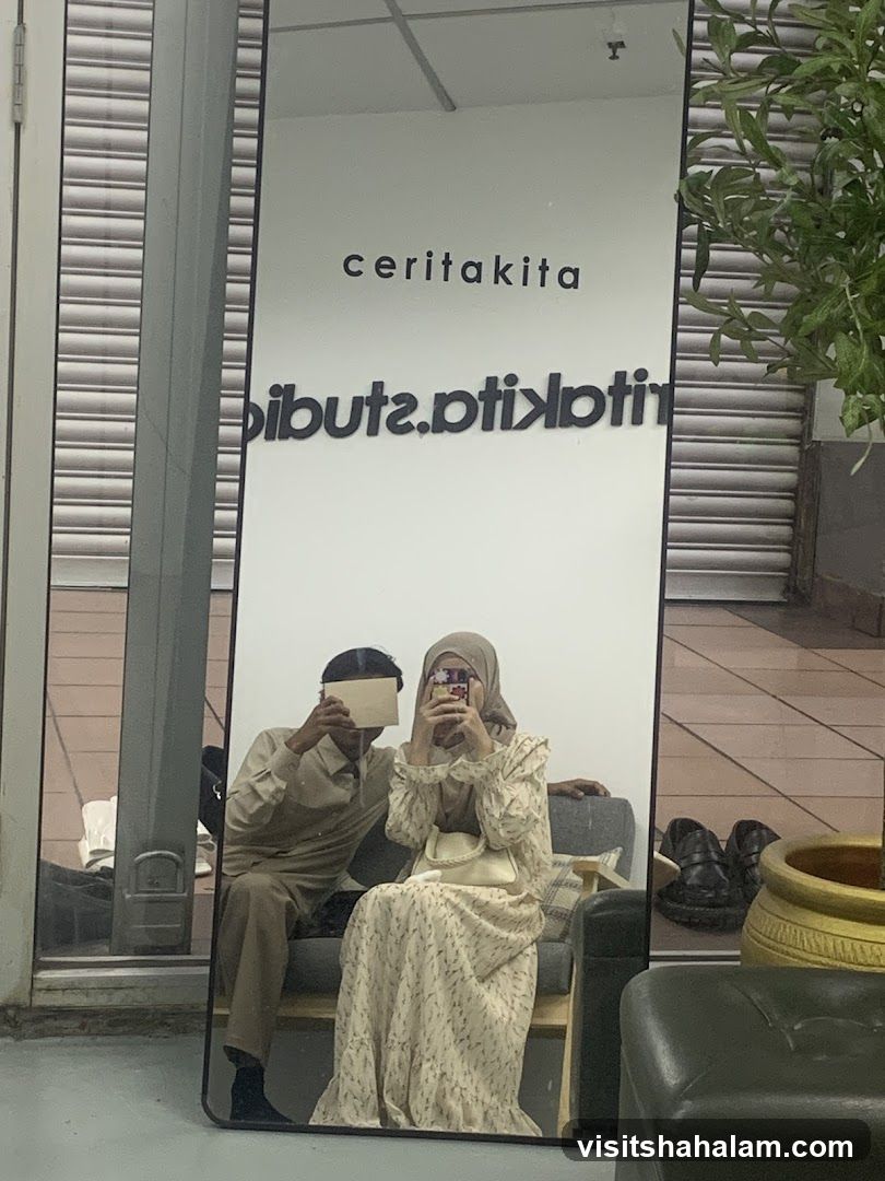 Mirror Reflection of Couple and Store Signage