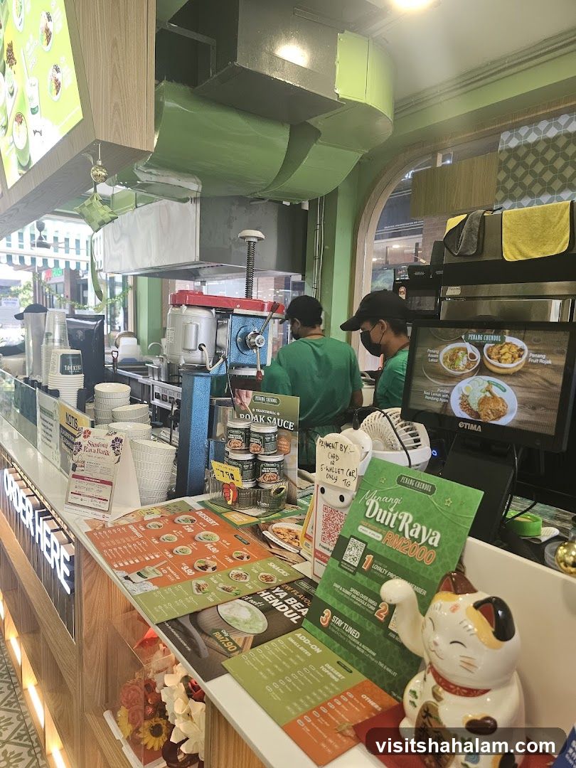 Counter with food displays and staff