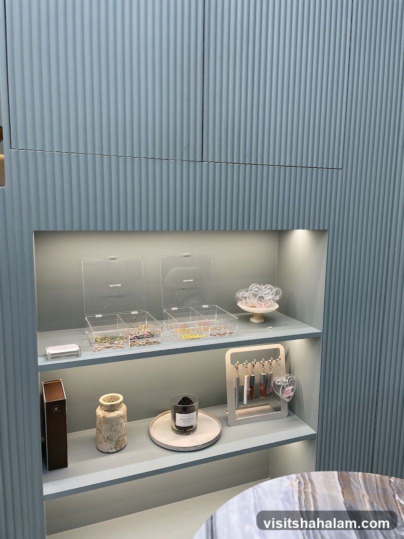 Display shelves with decorative items