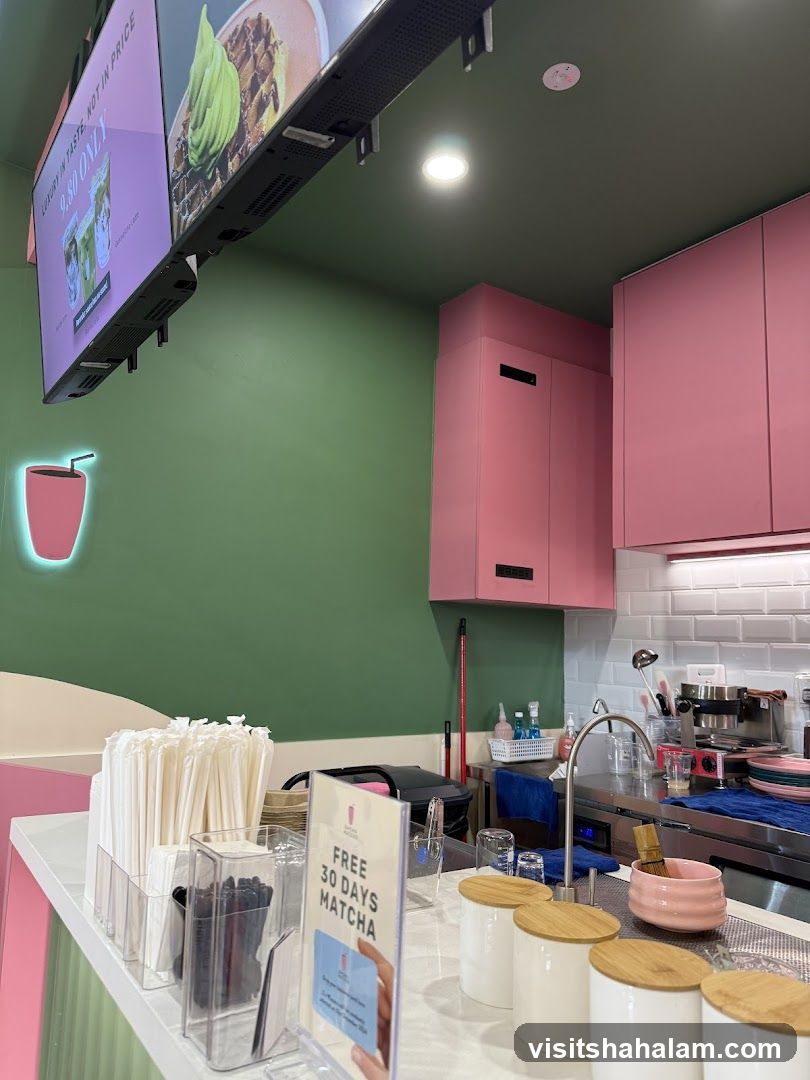 Countertop with promotional sign and kitchen equipment