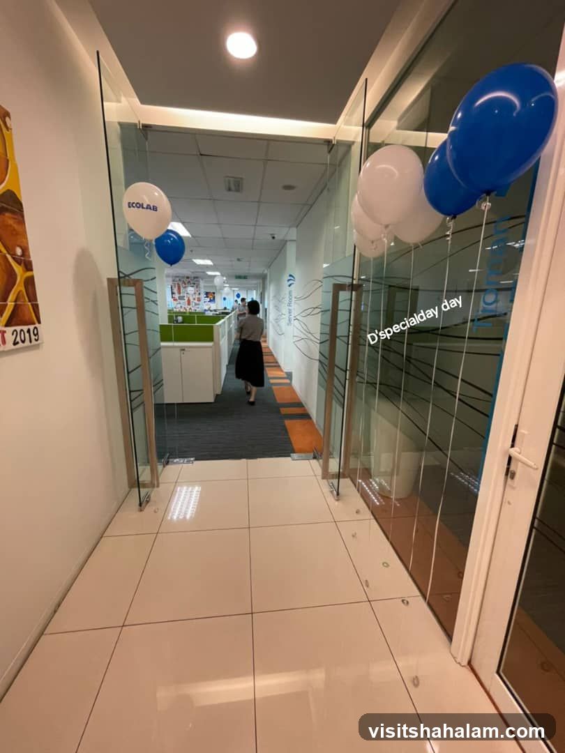 Office hallway with balloons