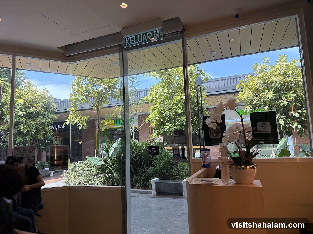View of outdoor shops from inside