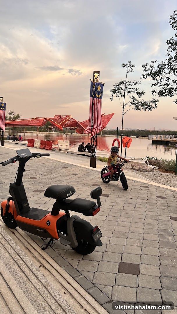 Park Scene with Scooters and Flags