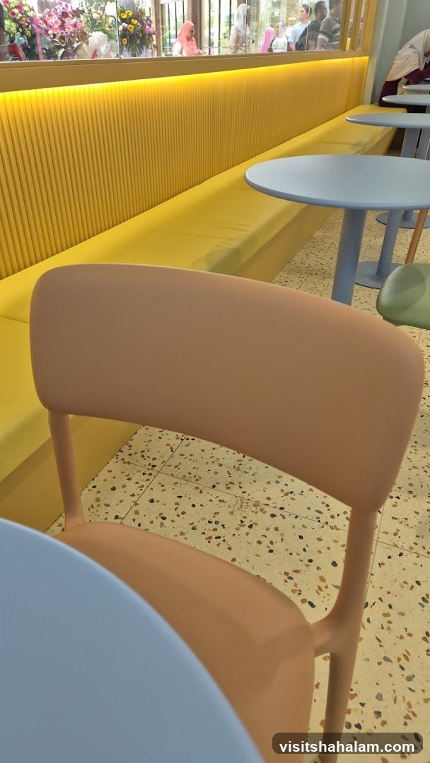 Cafe Interior with Yellow Seating and Light Blue Tables