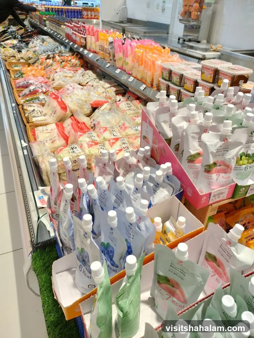 Assortment of Packaged Foods in a Supermarket Aisle