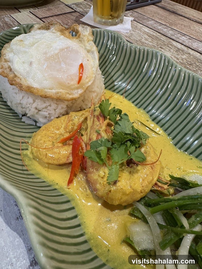 Curry Prawns with Rice and Fried Egg