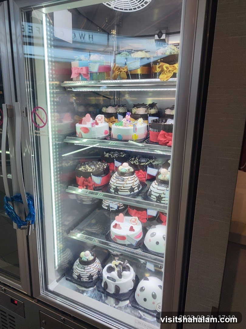Cakes in a display refrigerator
