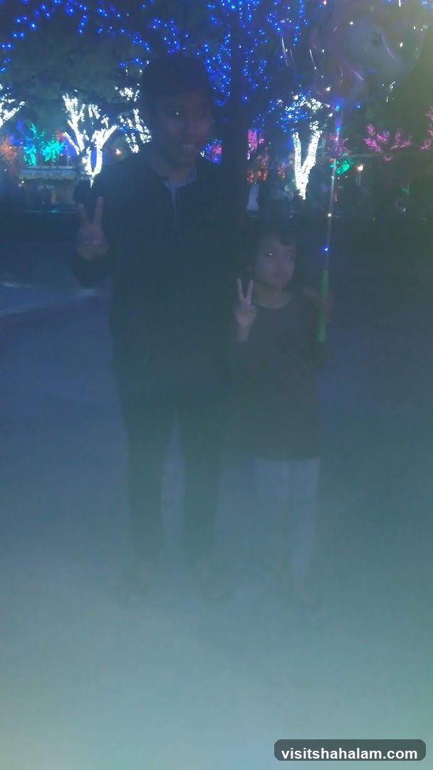 Two people posing with peace signs in front of illuminated trees