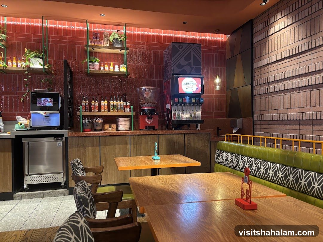 Restaurant Interior with Seating and Beverage Station