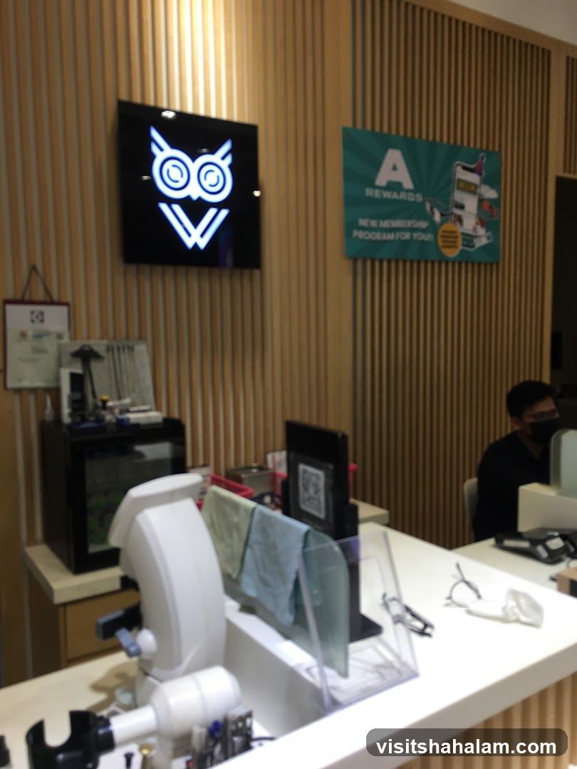 Optometry counter with owl logo