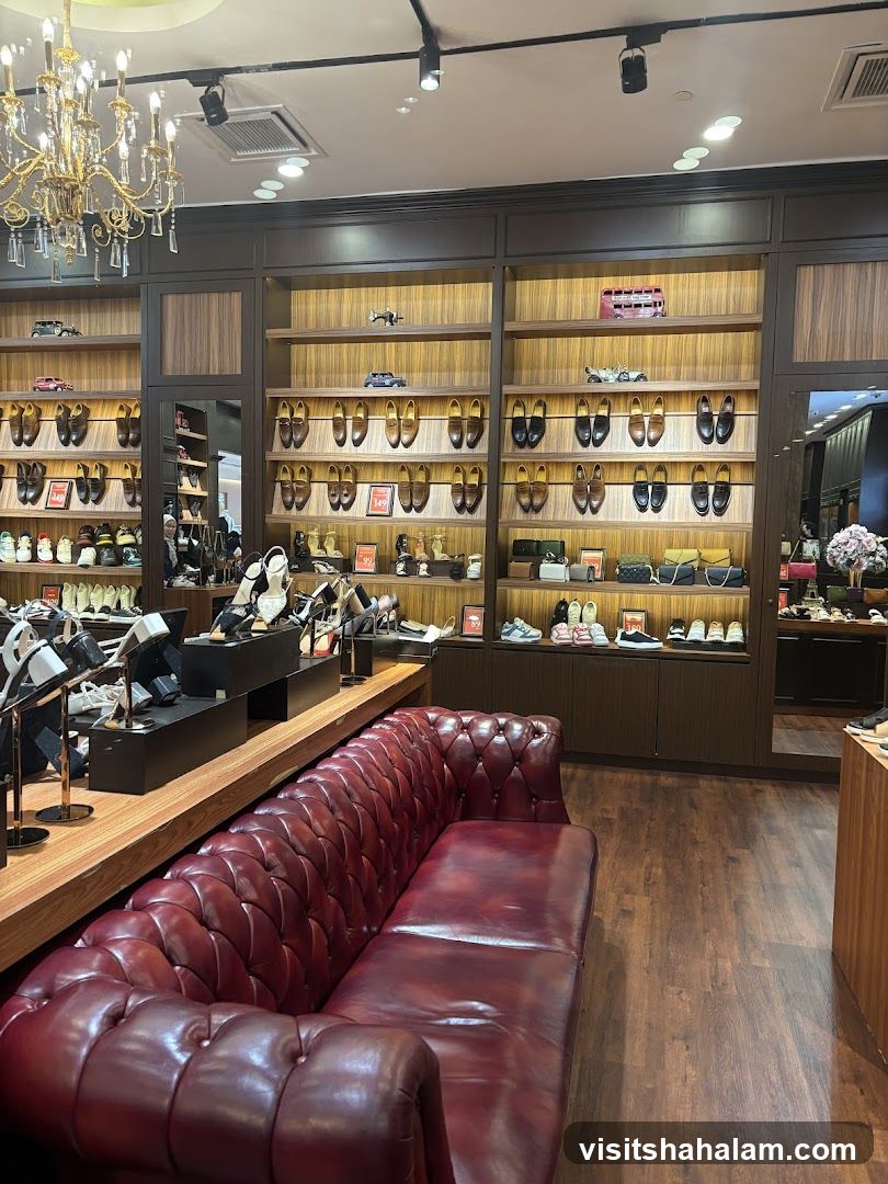 Shoe Store Interior with Display Shelves and Seating