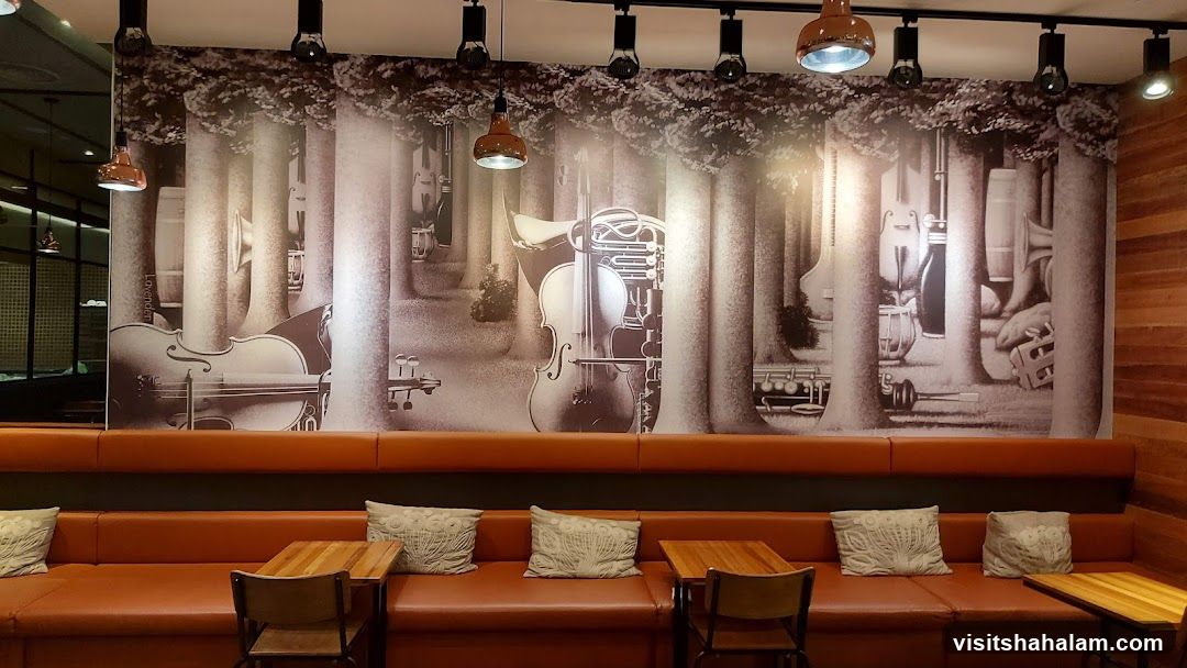 Restaurant Interior with Musical Instrument Mural