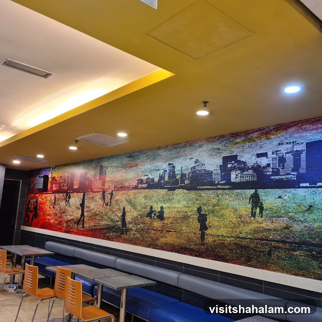 Restaurant Interior with Cityscape Mural