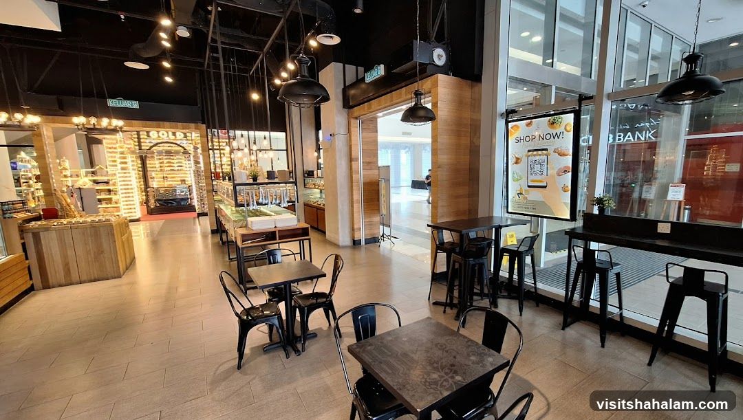 Interior of a cafe with seating and displays