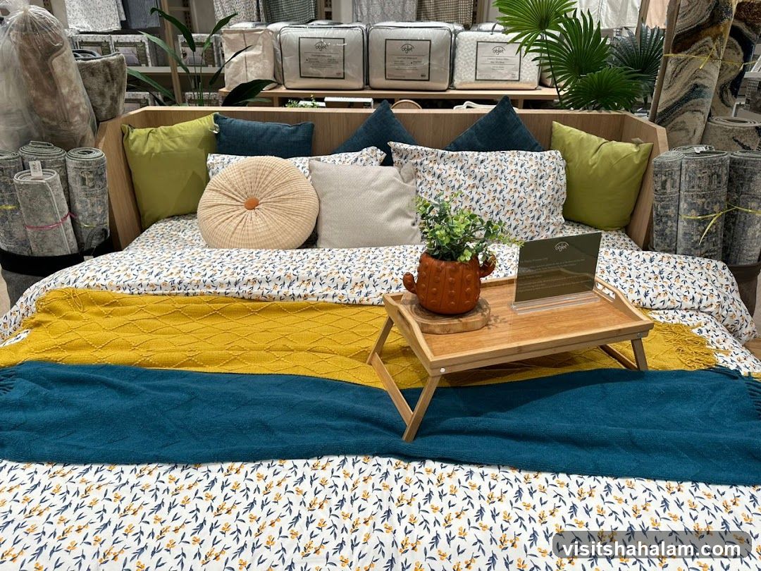 Bedding display with decorative items