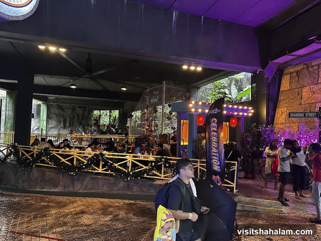 Outdoor dining area with festive decorations