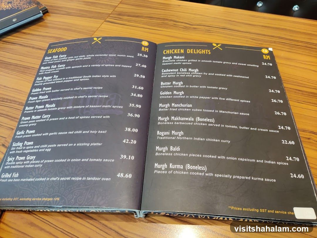 Seafood and Chicken Delights Menu