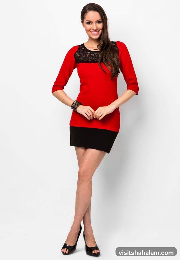 Woman in red and black dress