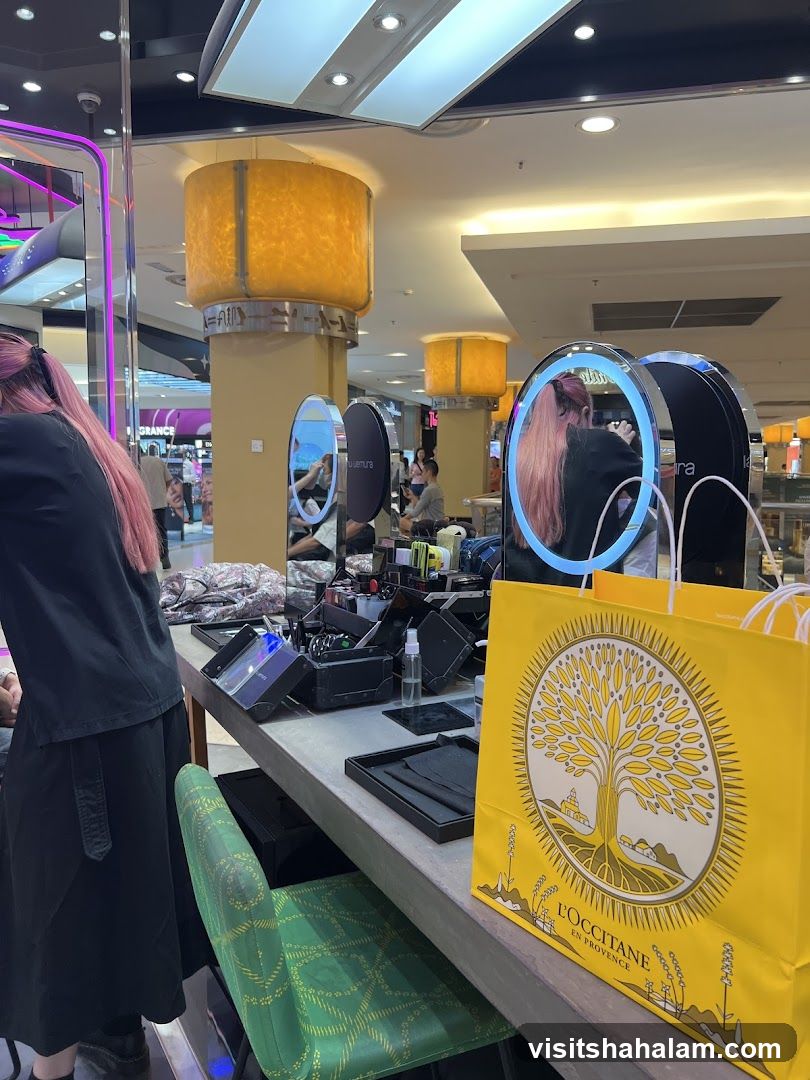 Cosmetics counter with makeup and shopping bag