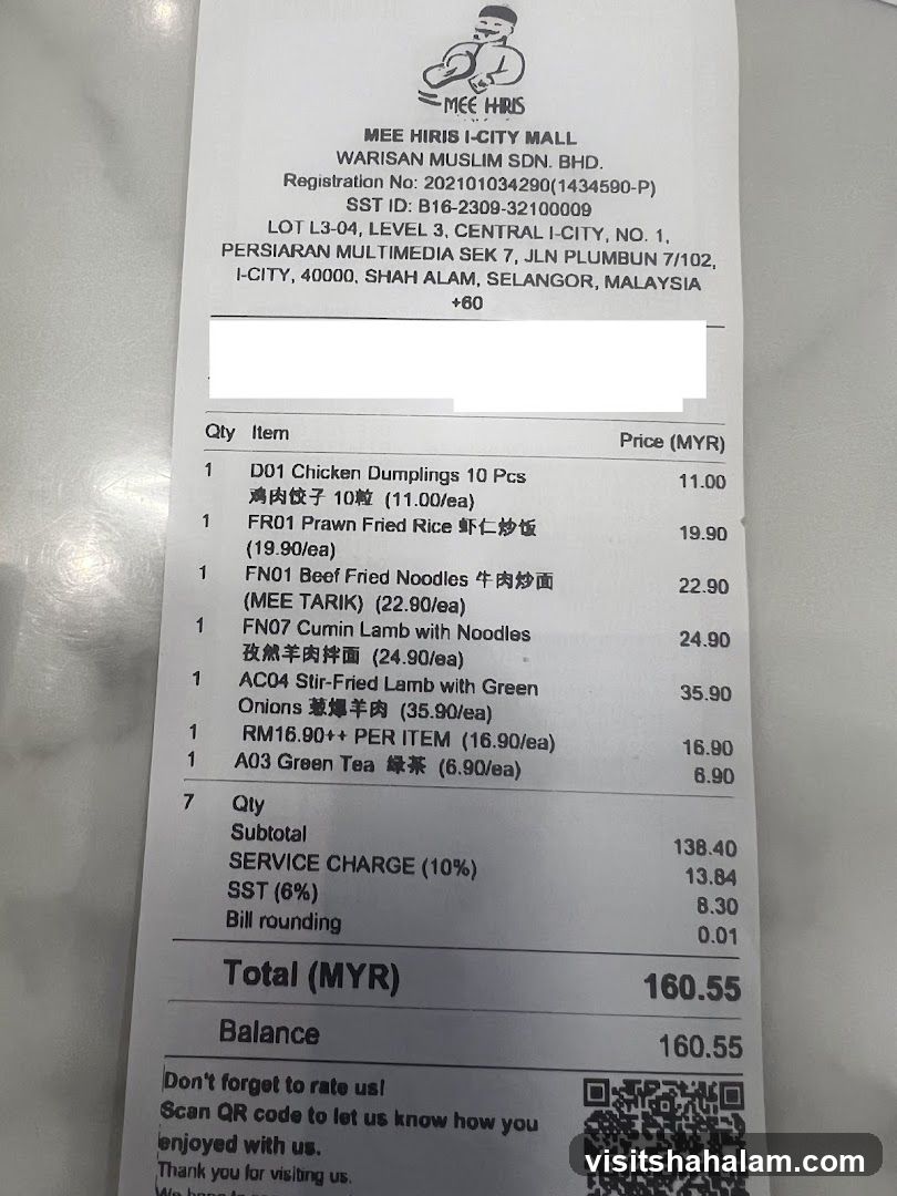 Receipt from Mee Hiris I-City Mall