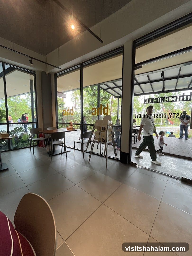 Interior of a restaurant with large windows