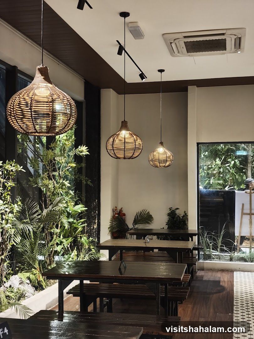Restaurant Interior with Wicker Lamps