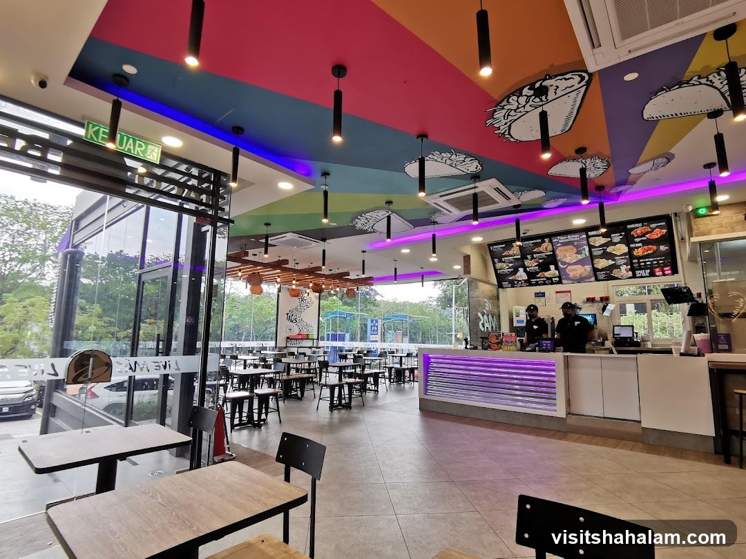 Restaurant Interior with Colorful Ceiling and Menu Boards