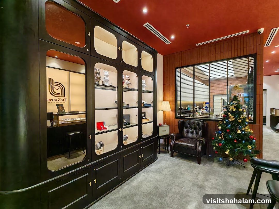 Interior of a watch shop with display cases and a Christmas tree