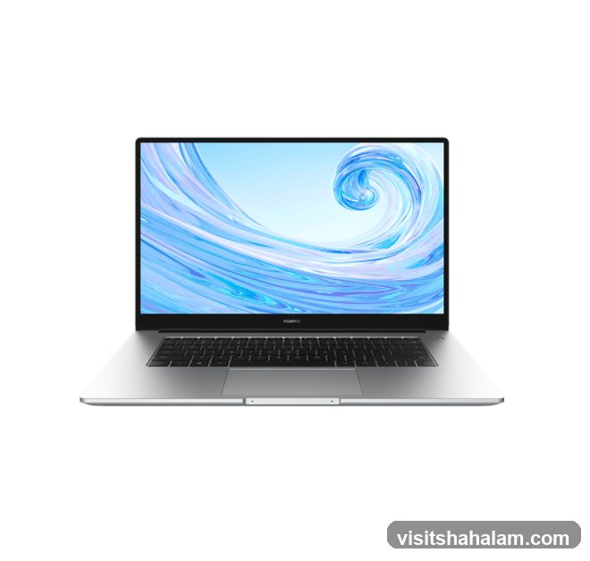 Silver laptop with a blue abstract wallpaper