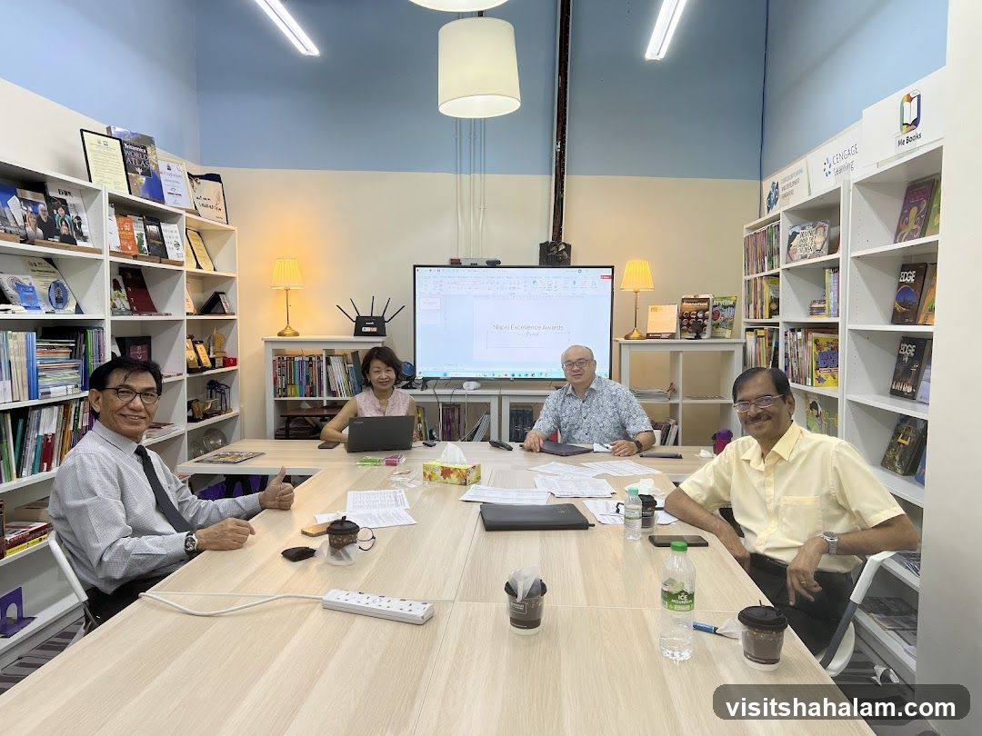 Meeting in a library-like room