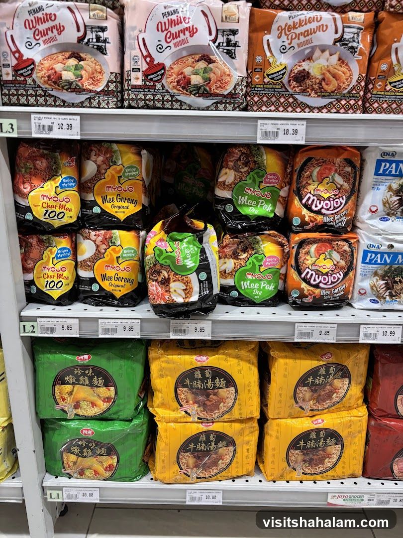 Assortment of Instant Noodles on Shelves