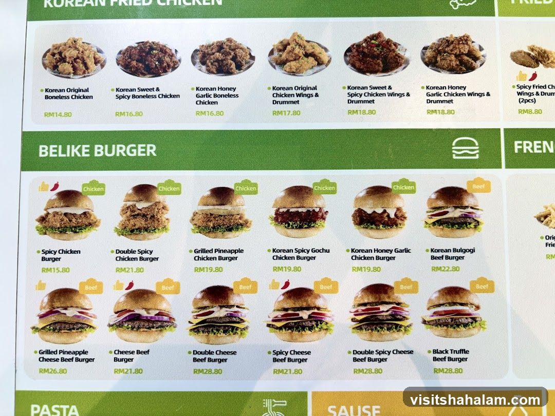 Korean Fried Chicken & Belike Burger Menu
