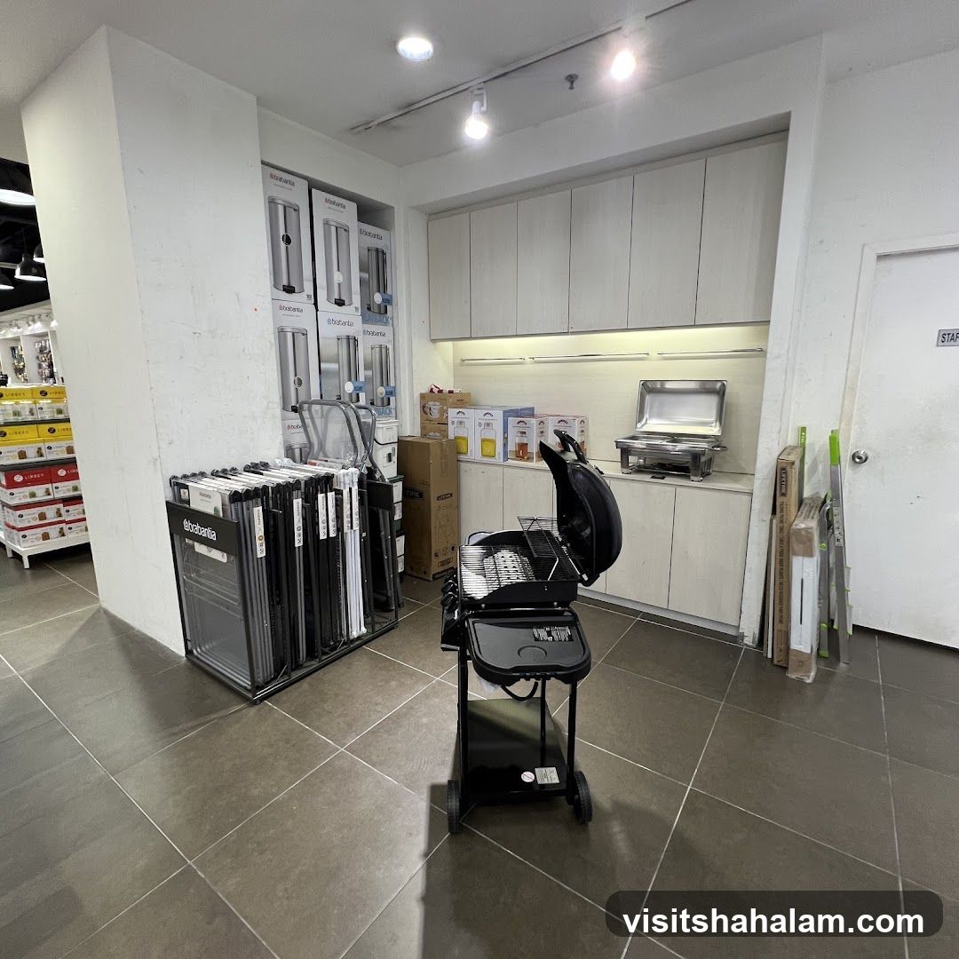 Indoor display of grills and kitchenware